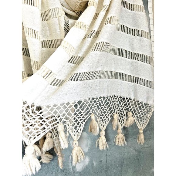 Bohemian Semi-Sheer Lacy Long Scarf Shawl Wrap Fringe Ivory Off-White - Picture 3 of 14
